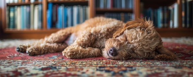 Photo un chien brun endormi allongé sur un tapis à motifs avec des étagères à l'arrière-plan