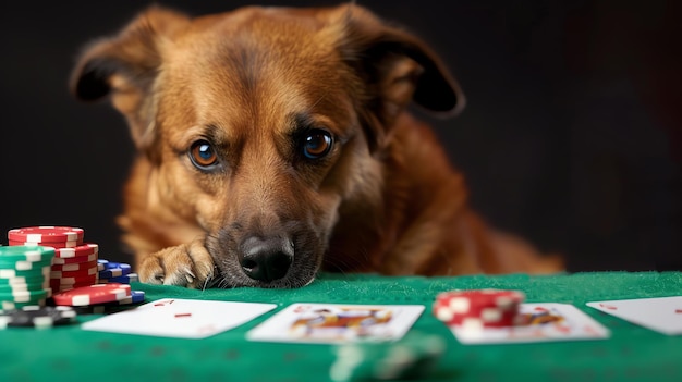 Un chien brun est assis à une table de poker en regardant les cartes devant lui.