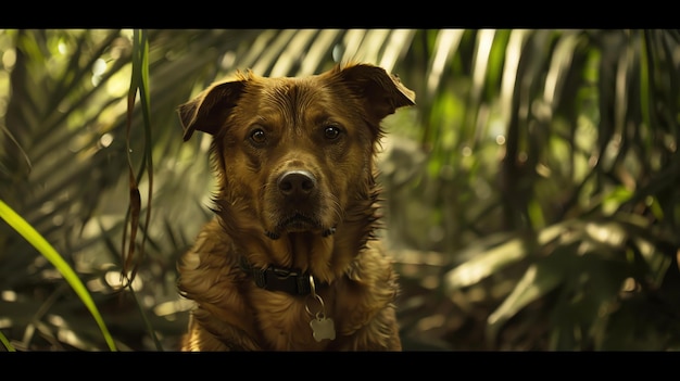 Un chien brun mouillé avec un collier est assis dans une jungle verte et regarde la caméra Le chien a une expression sérieuse sur son visage