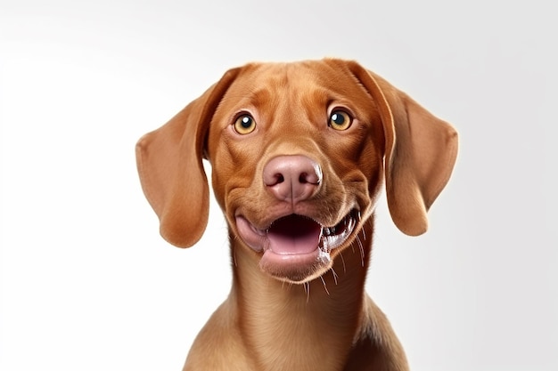 un chien brun avec un nez brun et un fond blanc