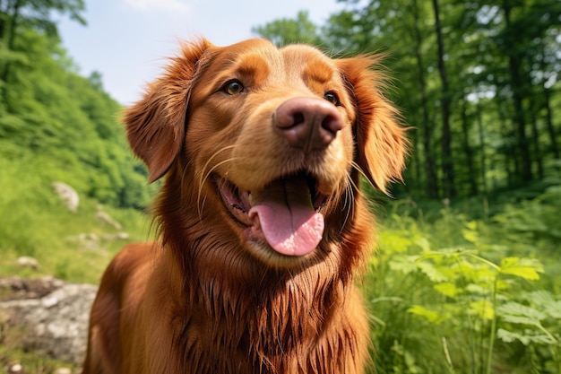 un chien brun se tient au milieu d'une forêt