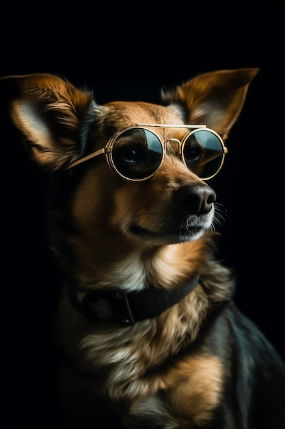 Un chien brutal avec des lunettes sur fond noir dans le studio l'image a été créée à l'aide de l'intelligence artificielle générée par l'IA