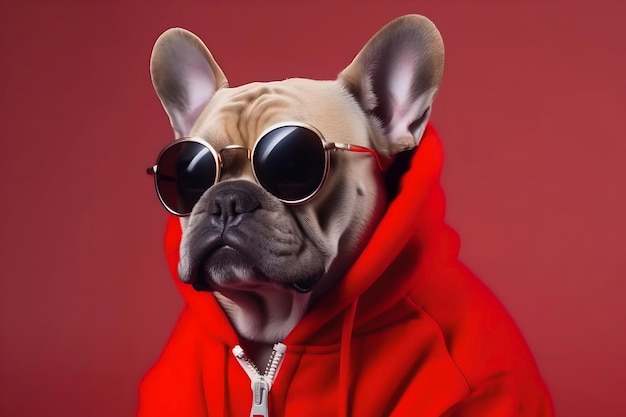 Photo le chien bulldog enjoué dans un capuchon rouge et des lunettes de soleil le concept de style de mode et de plaisir est minimal