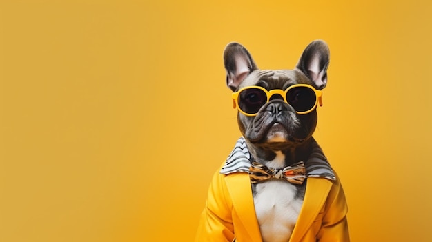 Un chien bulldog français à l'air cool portant une cravate et des lunettes de mode funky