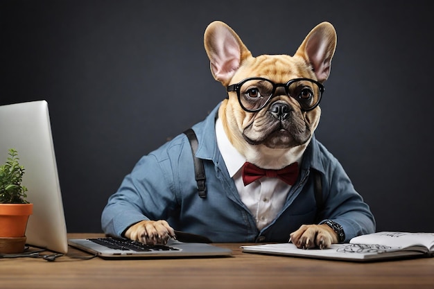 Chien bulldog français en chemise bleue, nœud papillon et lunettes travaillant sur ordinateur