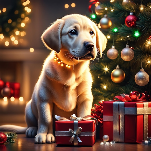 un chien avec un cadeauun chien mignon avec des boîtes à cadeaux