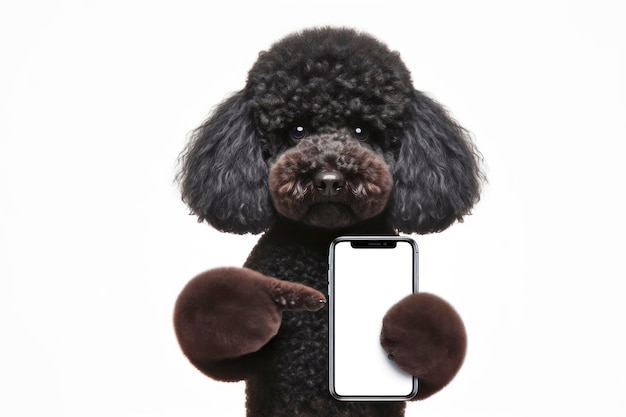 un chien de caniche drôle pointant sur un smartphone avec un écran blanc sur un fond blanc