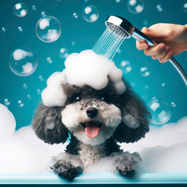 Un chien de caniche heureux dans un bain avec de la mousse et des bulles sur un fond bleu