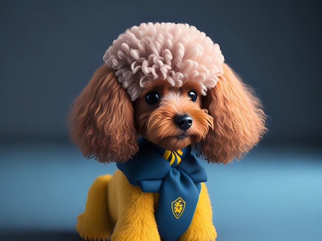 Chien caniche mignon dessin animé 3D portant des vêtements