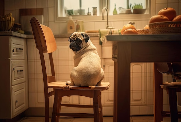 Chien carlin assis sur une chaise et en attente de nourriture dans la cuisine