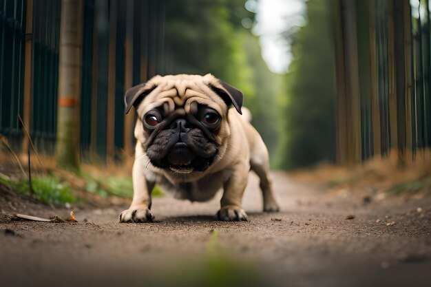 Un chien carlin sur un chemin dans les bois