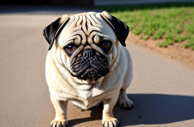 Chien carlin debout sur la route dans le parc et regardant dans la caméra Generative AI