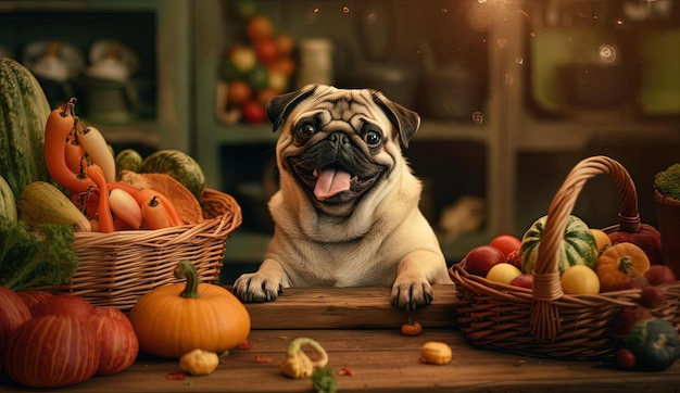 chien carlin devant des légumes dans le style joyeux et optimiste