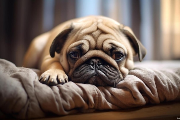 Un chien carlin est allongé sur une couverture sur un canapé.