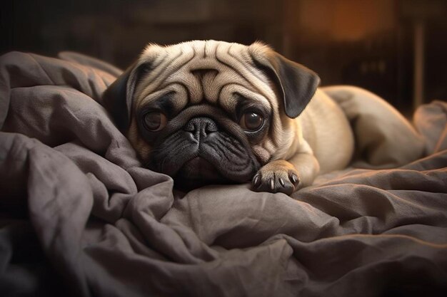 Un chien carlin est allongé sur un lit avec une couverture.