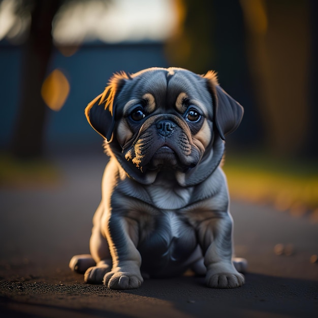 Un chien carlin est assis sur la route dans un parc.