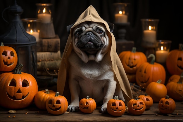 Photo chien carlin habillé sur le thème d'halloween généré avec l'ia