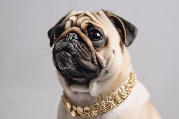 Un chien carlin portant un collier en or et une chaîne en or autour du cou.