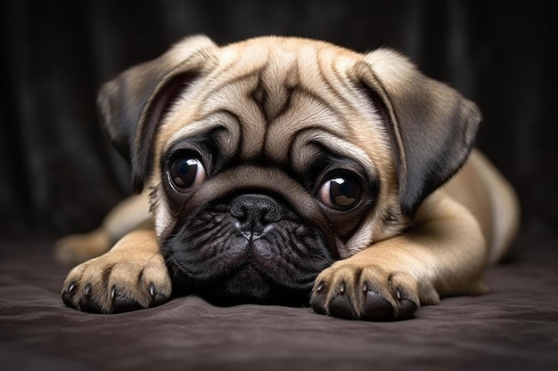 Un chien carlin posé sur un fond noir, les yeux ouverts.