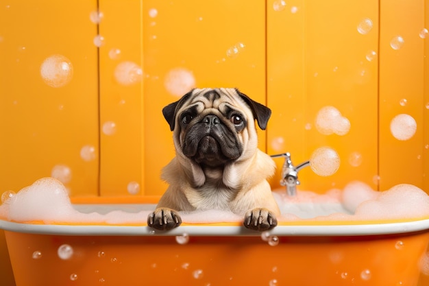 Chien carlin prend un bain avec de la mousse et des bulles Généré ai