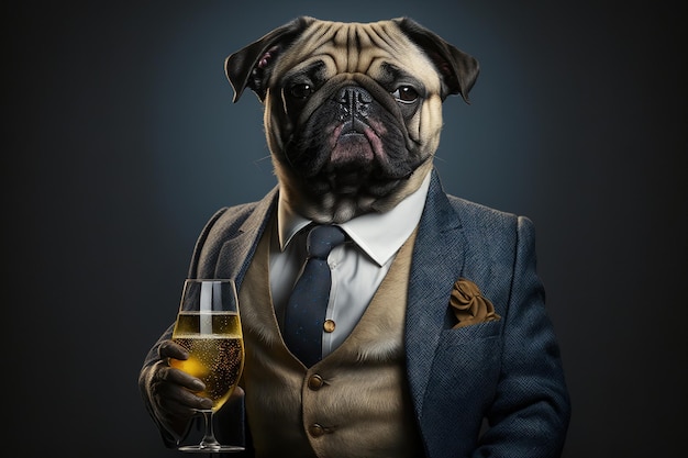 Un chien carlin avec un verre de vin