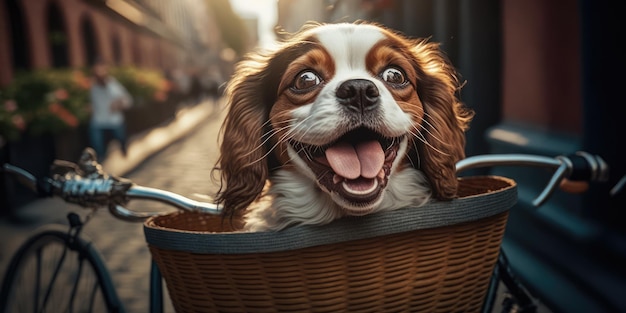 Chien Cavalier King Charles Spaniel s'amuser en vélo le matin ensoleillé en été sur la rue de la ville