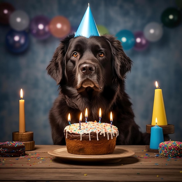 Chien célébrant son anniversaire avec un gâteau et des bougies créés avec l'IA générative