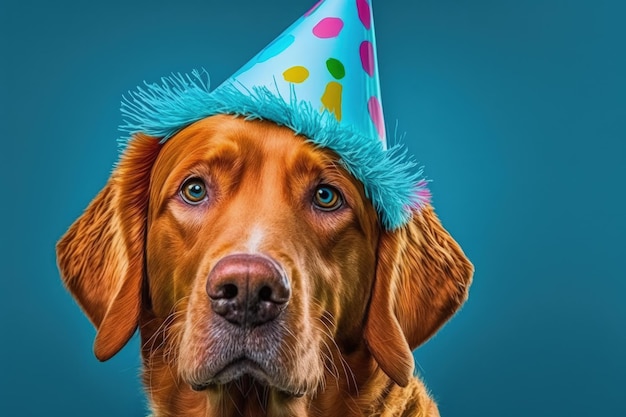 Chien avec un chapeau d'anniversaire chiot d'année AI