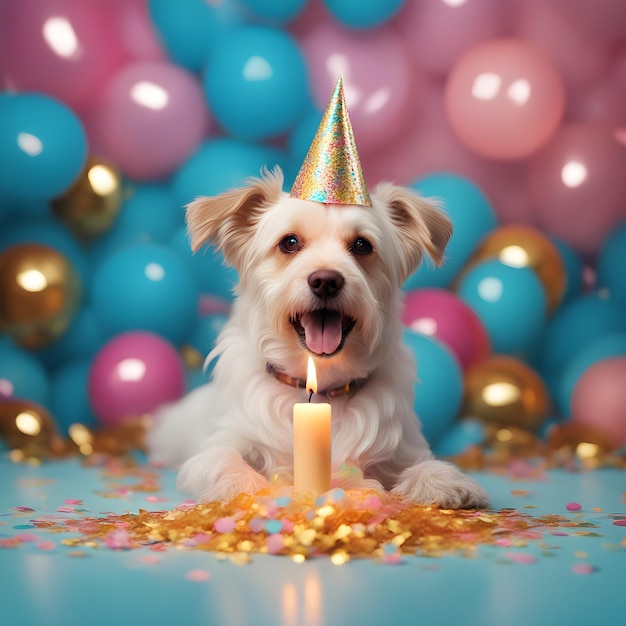 Photo un chien avec un chapeau de fête et des ballons avec une bougie.