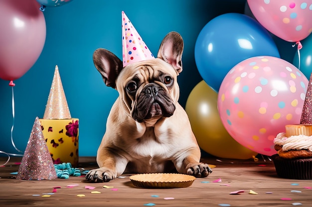 Un chien avec un chapeau de fête et des chapeaux de fête est assis devant un gâteau.