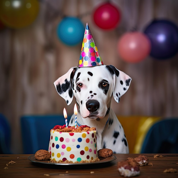 Chien avec un chapeau de fête à une fête d'anniversaire Dalmatien