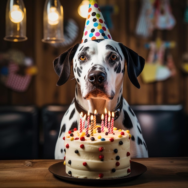 Chien avec un chapeau de fête à une fête d'anniversaire Dalmatien