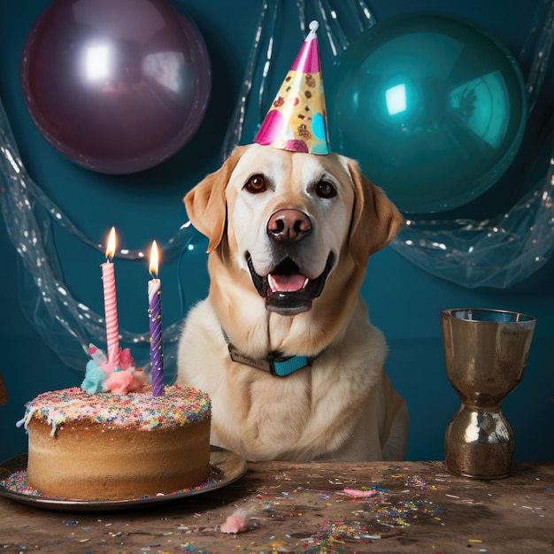 Chien avec un chapeau de fête à une fête d'anniversaire Labrador