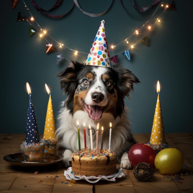 Chien avec un chapeau de fête lors d'une fête d'anniversaire Australian Shepherd