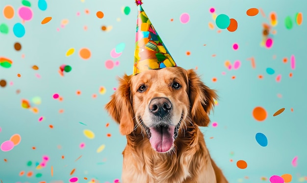 un chien avec un chapeau de fête sur sa tête et les mots joyeux anniversaire sur le dessus