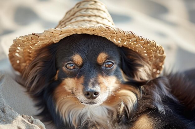 Un chien avec un chapeau de paille se reposant sur la plage AI générative