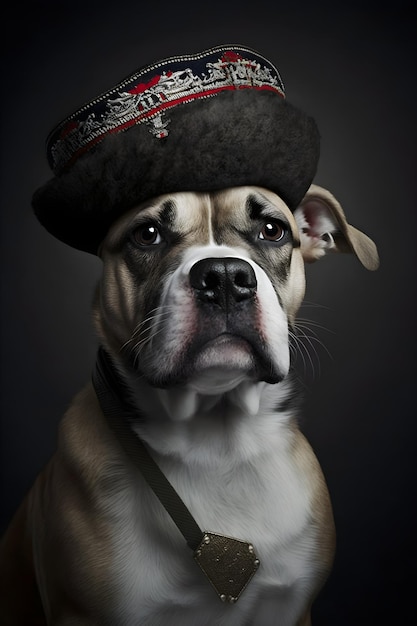 Un chien avec un chapeau qui dit "le mot français" dessus