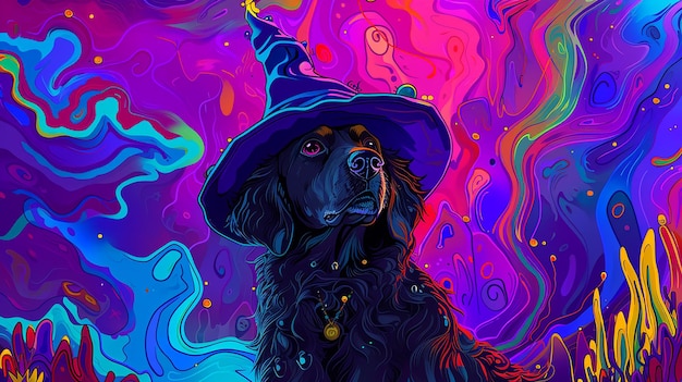 Chien avec un chapeau de sorcier sur un fond coloré