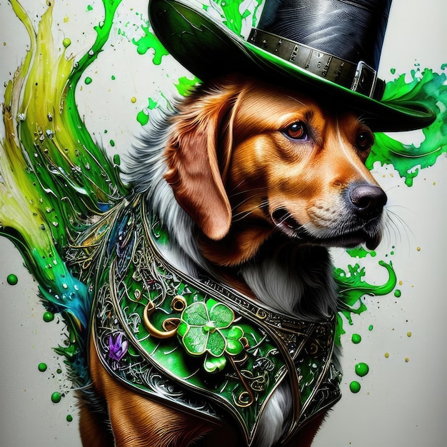 Chien avec le chapeau vert de St Patrick AI générative