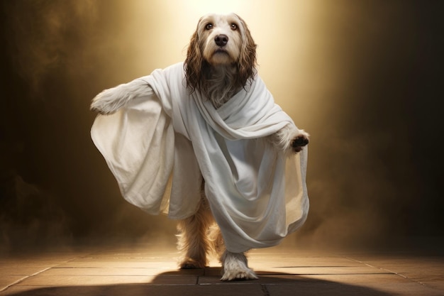 Photo un chien charismatique debout sur une scène drapé d'une robe blanche sous les projecteurs dramatiques créant une ambiance théâtrale