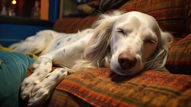 Photo un chien de chasse anglais endormi paisiblement sur un canapé en peluche et confortable