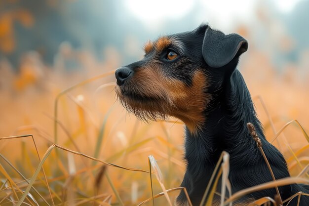 Photo un chien de chasse jagdterrier est assis calmement au milieu d'un champ d'herbe haute