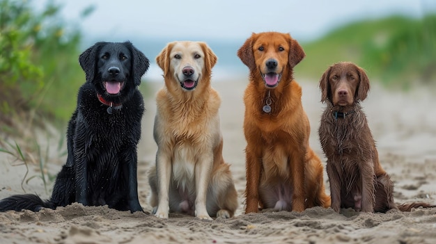 chien de chasse à poil bouclé, chien de chase à poil doré, labrador, canard de Nouvelle-Écosse, retrieveur à poil roulant et chien de chassage à poil plat assis ensemble à l'extérieur