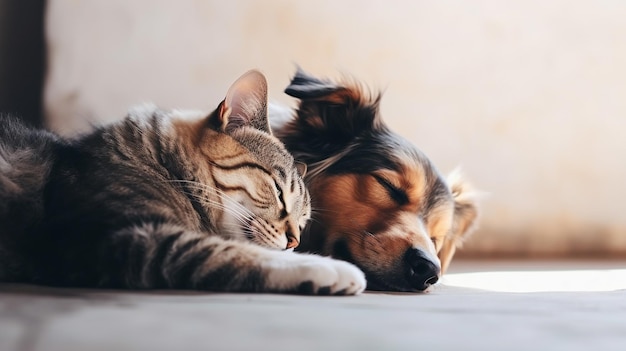 Un chien et un chat adorables dorment ensemble sur le sol.