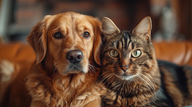 Un chien et un chat assis sur un canapé