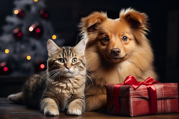 Un chien et un chat assis à côté d'un arbre de Noël AI générative célébration de Noël à Noël