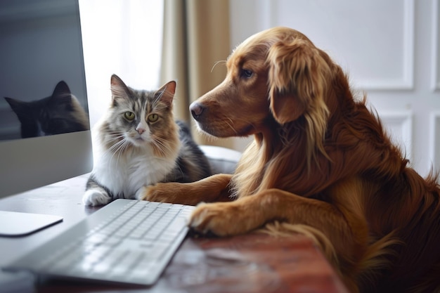 Photo un chien et un chat assis sur une table et naviguant sur un ordinateur ia générative