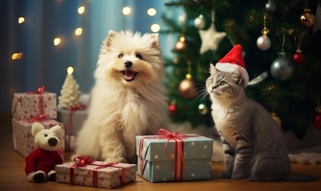 Un chien et un chat célèbrent Noël près de l'arbre de Noël.
