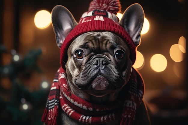 chien et chat d'un chaton dans un bonnet de Noël en gros plan IA générative