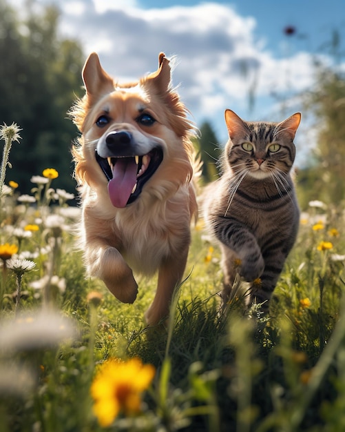 Un chien et un chat courant côte à côte dans un jardin